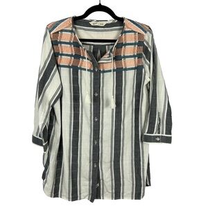 Woolrich Boho Embroidered Cotton Tunic Top 3/4 Sleeve Large White Grey